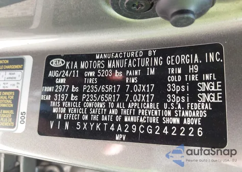 2012 Kia Sorento Lx V6 из США, поврежденный, VIN 5XYKT4A29CG242226